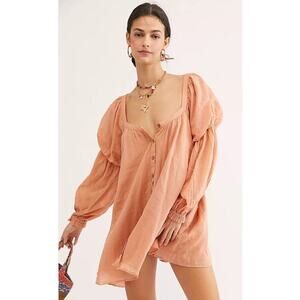 FREE PEOPLE So Fresh Tunic Oversized Top Puff Sleeve Button Down Dress Sz M NEW
